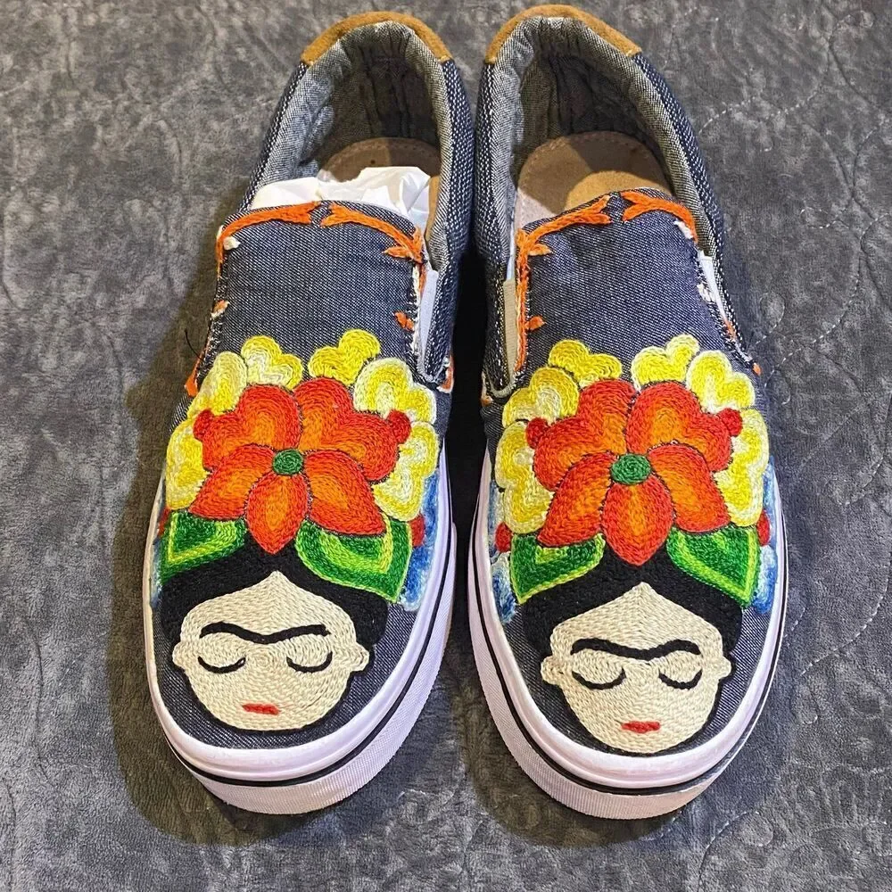 Frida Kahlo Hand Stitched Slip On Tennis Shoes Size 9 - Picture 2 of 10
